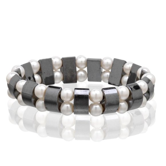 Pearl Magnetic Hematite Bracelet, Beaded Gemstone Stretchable Bracelet - Picture 1 of 1